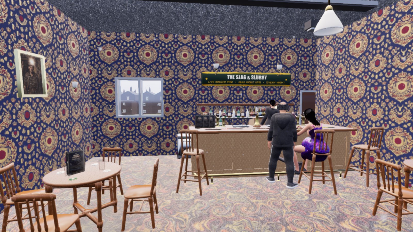 The ground floor of a pub with loud blue, red and gold patterned wallpaper, a swirling carpet, wooden tables and chairs, and a long bar under a green sign reading The Slag and Slurry. A man in black stands at the bar beside a woman in a purple dress on a stool, with a barman behind. Nothing else is visibly moving.