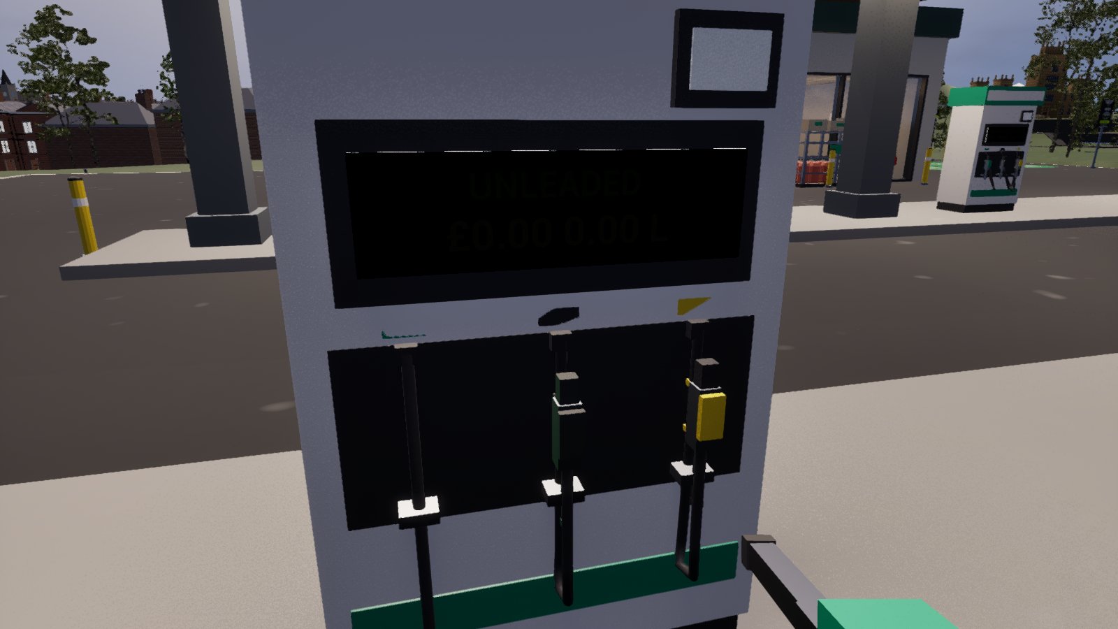 A first-person view of a white petrol pump with three nozzles in their holsters and a green nozzle held in the player's hand at the bottom right. The pump's display panel is almost black, the words UNLEADED and a zero price only just visible.