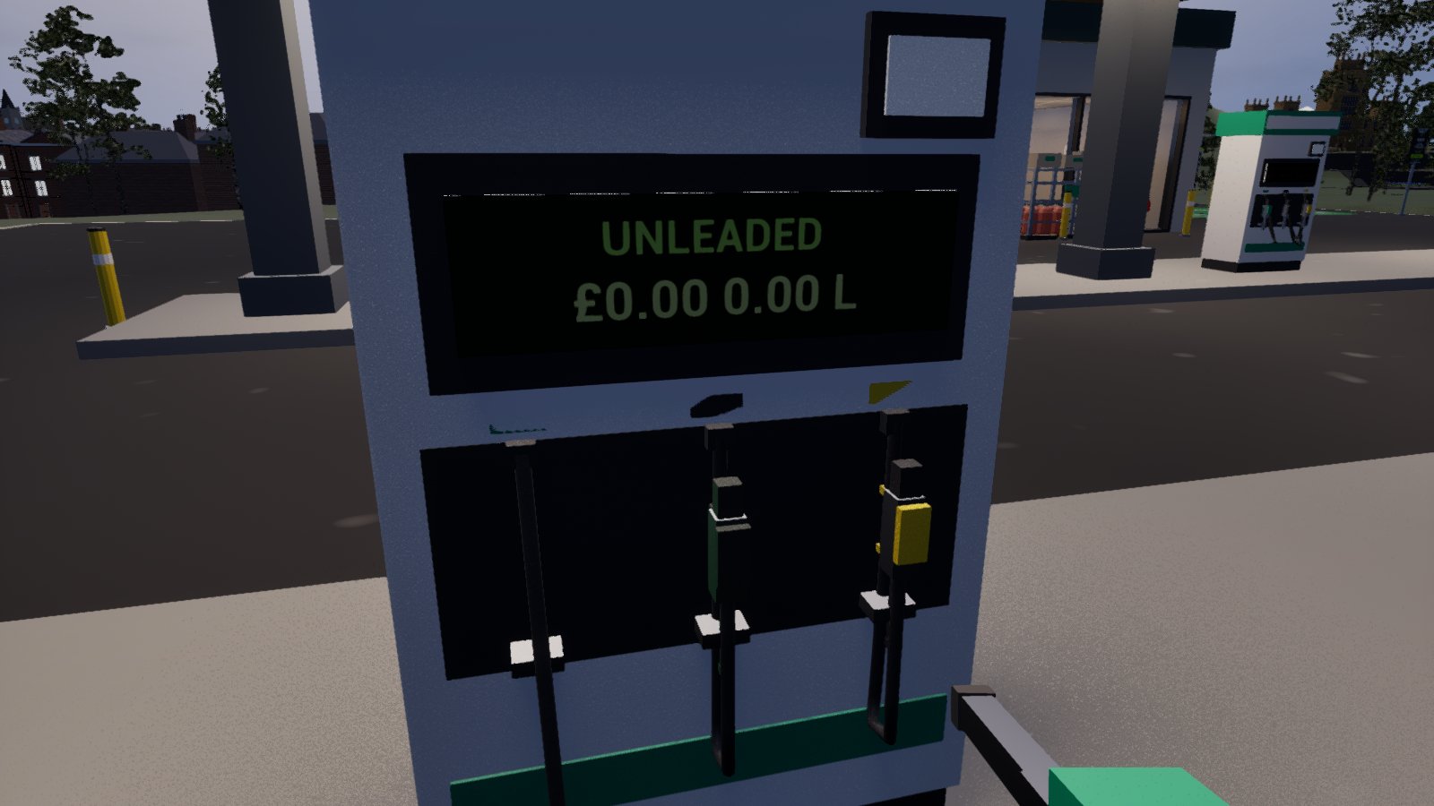 The same first-person view of the petrol pump, now with the display readable in green: UNLEADED above a price of zero pounds and zero litres. The player holds the green nozzle at the bottom right and the forecourt canopy is behind.