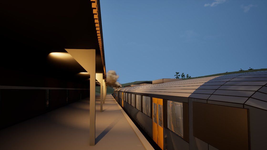 A two-car diesel train standing at a station platform in low evening sun, lamps lit under the canopy, a grey exhaust plume rising from a roof vent on the front car.