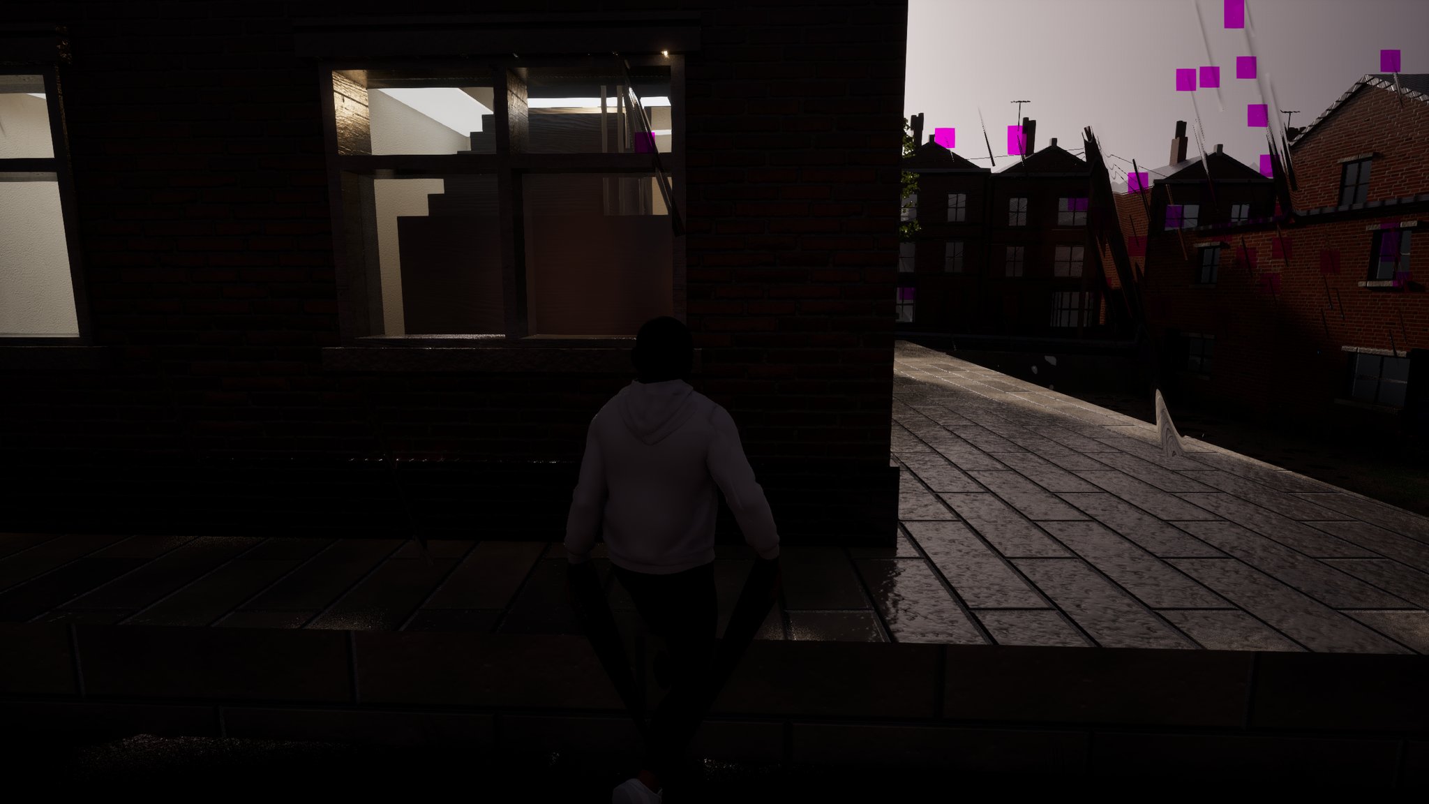 The same lad seen from behind beside a lit window, and over the rooftops in the distance a scatter of bright magenta squares hanging in the sky.