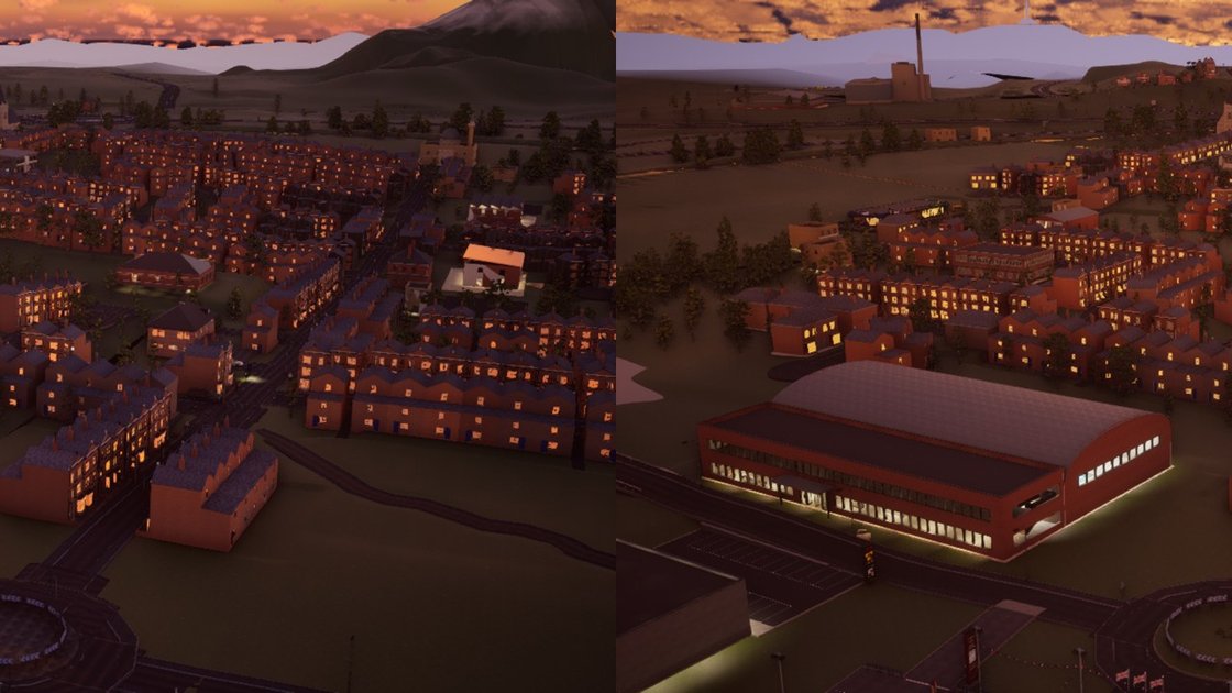 Two aerial views of the same town at sunset side by side, a large arched building and red-brick terraces, with a roundabout at the bottom of each frame.