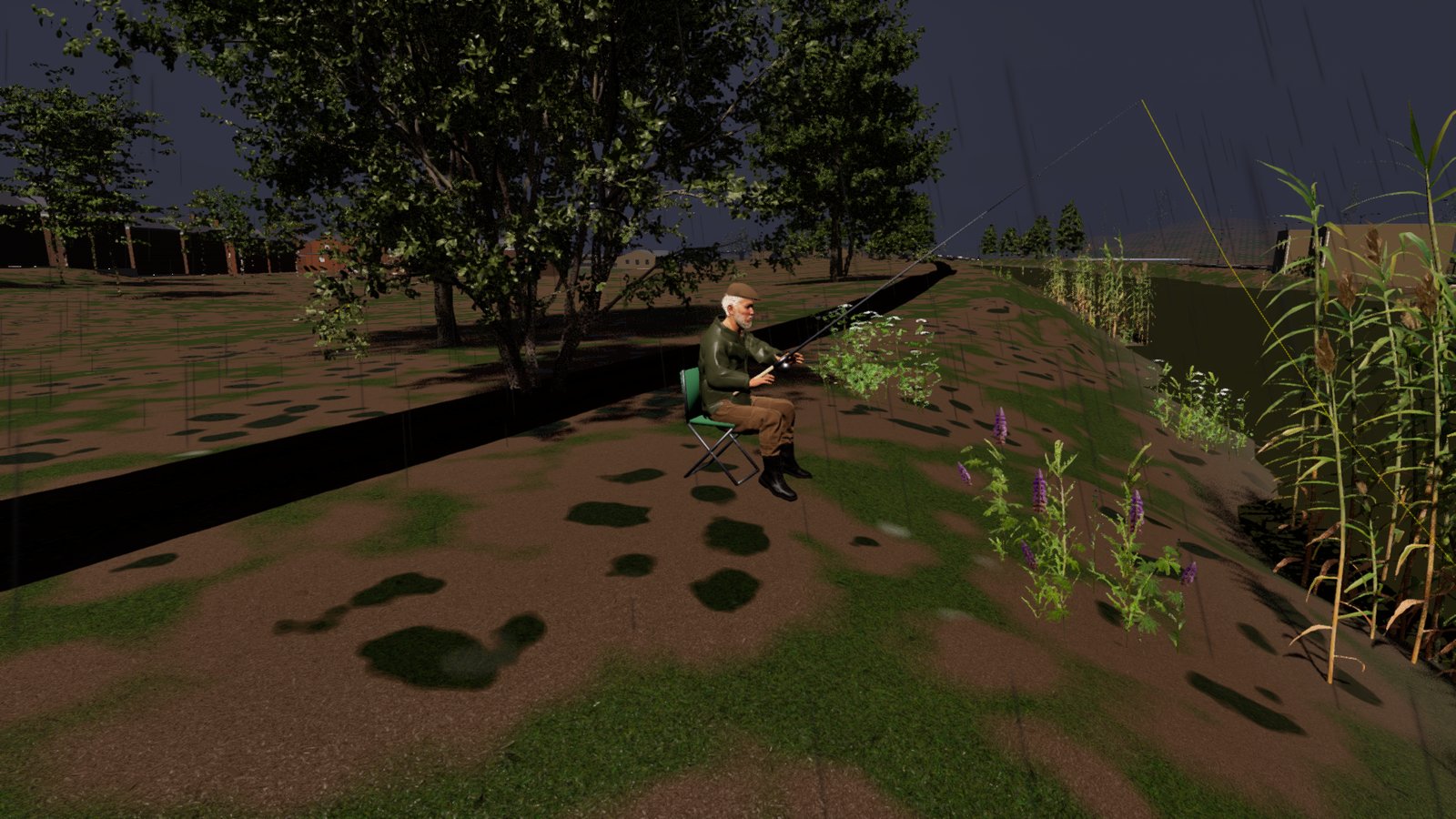 An older man in a flat cap and a dark wax jacket sits on a green folding chair on a riverbank in light rain, holding a rod, a pale line running out towards the water past tall reeds.