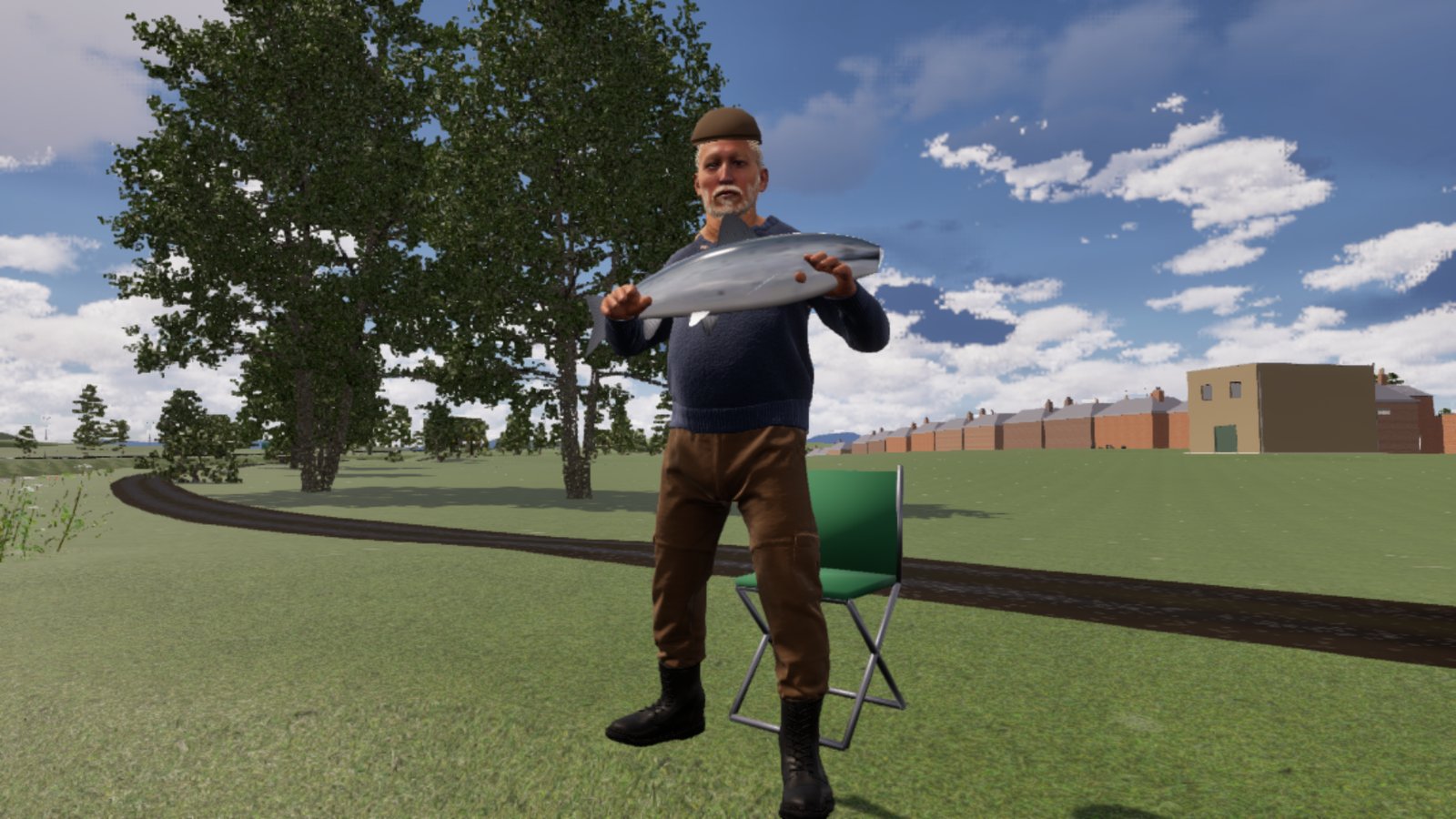 An older man in a brown cap, navy jumper and brown trousers stands on a riverside path holding a large silver salmon across both hands, a green folding chair behind him and a row of red-brick terraces in the distance.