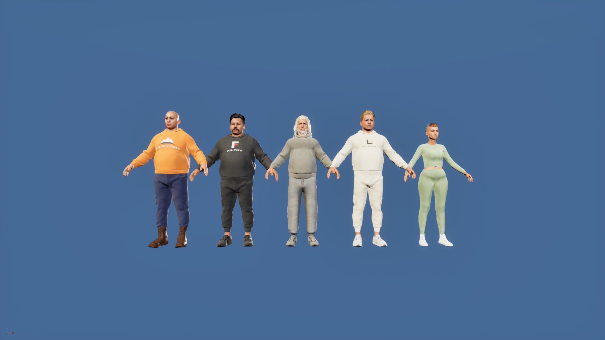 Five new townspeople standing in a row with arms out on a plain blue background, dressed in everyday clothes: an orange hoodie, a black T-shirt, a grey tracksuit, a cream tracksuit and a pale green top and leggings.