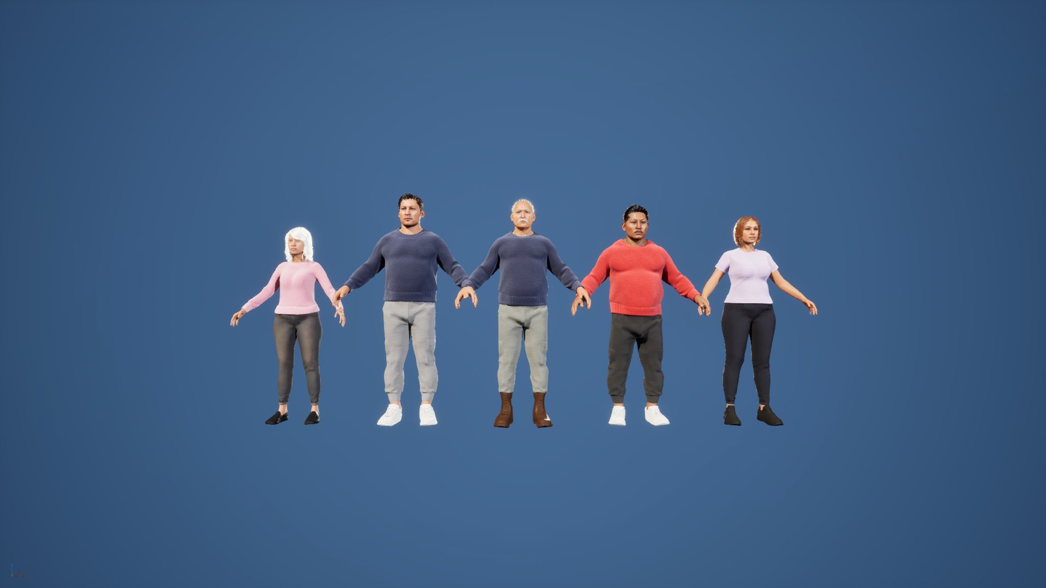 Five new townspeople standing in a row against a plain blue backdrop, arms out: an older woman in a pink jumper, two men in navy jumpers, a man in a red sweatshirt, a woman in a white top.