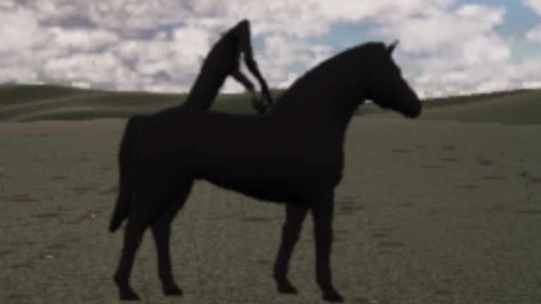 Close up on the moor: a pure black horse side on, with a gaunt dark rider hunched forward on its back and no head on his shoulders.