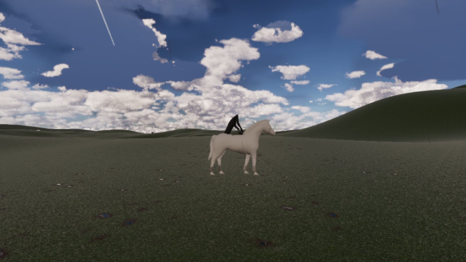 A grassy moor under a cloudy blue sky, a white horse standing side on with a dark hunched figure on its back.