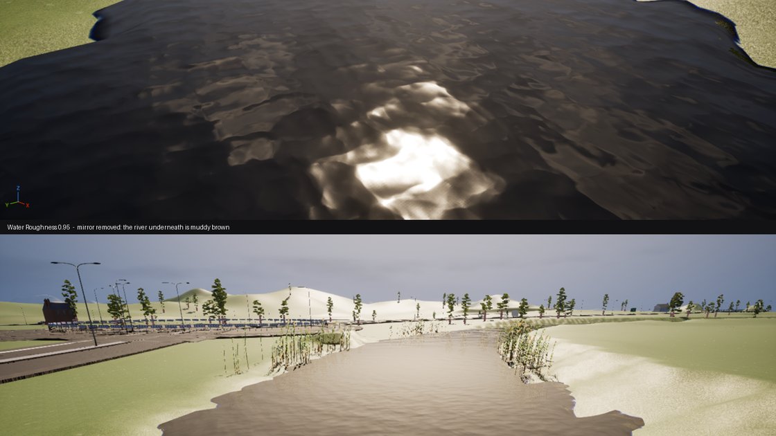 Two stacked frames of the same river reach. In the upper one the water is near-black with a bright sun glare on it and the far bank reflected in it. In the lower one the same water reads as flat muddy brown with no reflection at all.