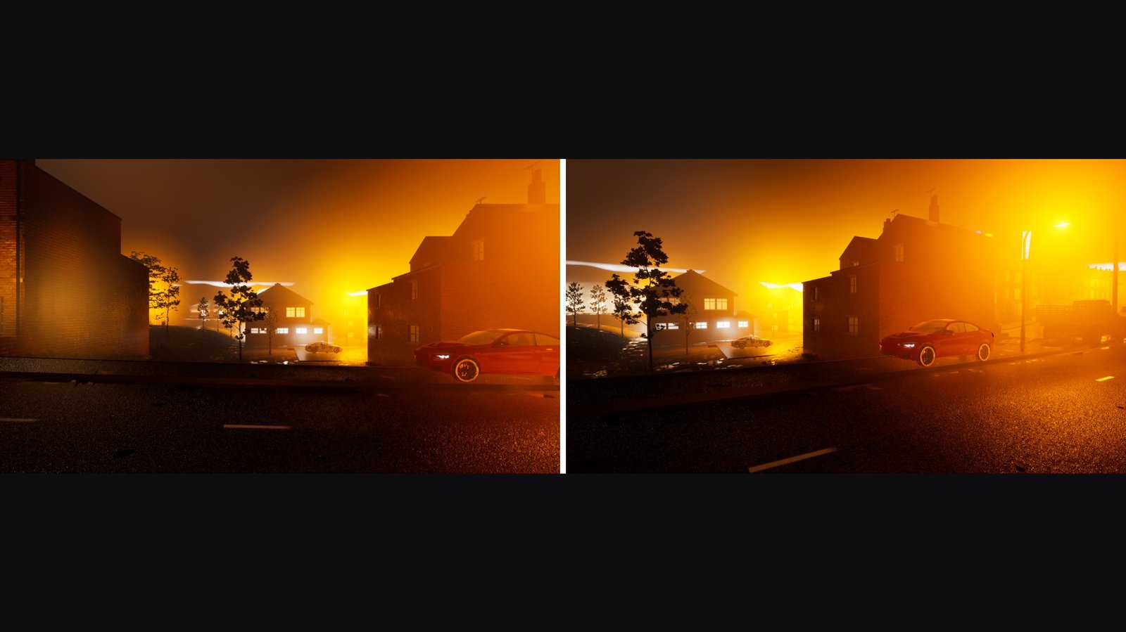 Two near-identical night views side by side of the same terraced corner with a red car parked by the kerb. Both are drowned in thick orange fog from sodium street lamps, the houses in silhouette against the glow.
