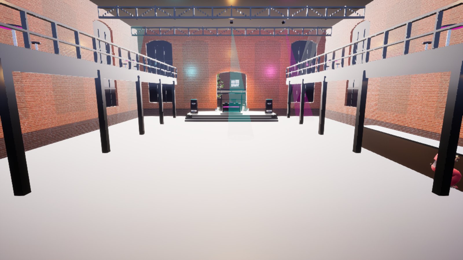 The inside of a brick warehouse nightclub from the dance floor, looking at the DJ booth under a lighting truss. Steel galleries with railings run down both sides. The whole image is bright and washed out and the floor reads almost white.