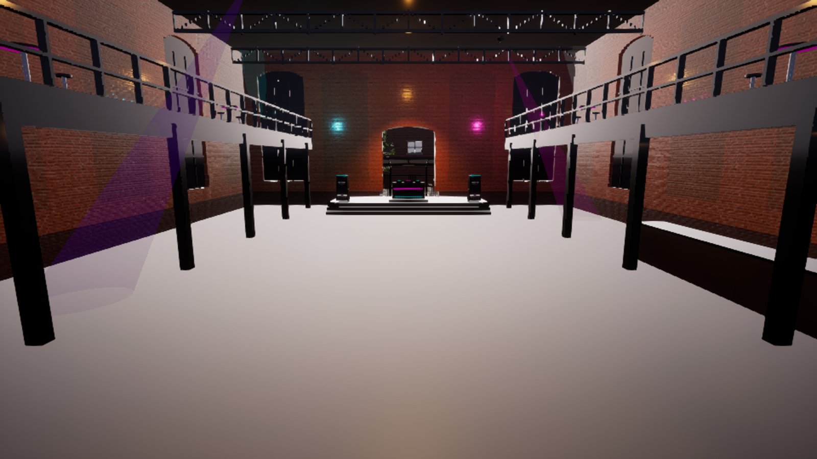 The same nightclub hall, darker and better balanced. The brick walls read red, small cyan and pink lights show on the back wall, a purple beam crosses the left gallery, and the floor is a pale grey.