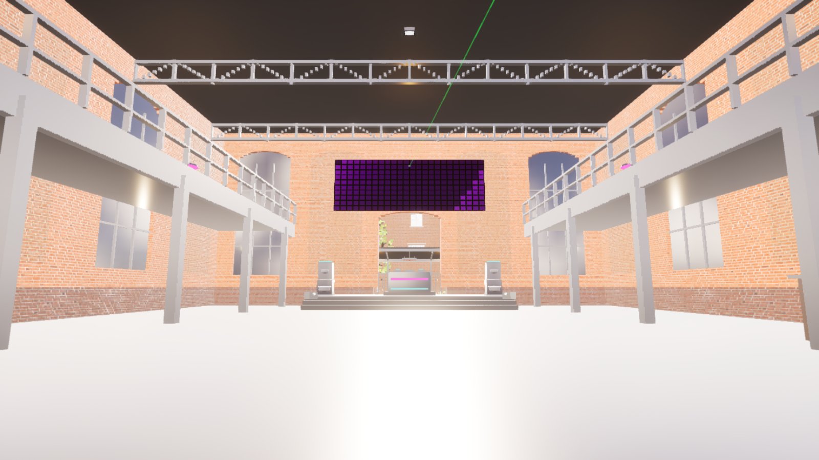 The inside of a brick warehouse nightclub with balconies down both sides and a metal lighting truss across the roof. A wide panel of purple LED cells glows above the far door, a DJ booth with two speakers stands beneath it, and a thin green laser line crosses the ceiling. The floor is washed white with daylight.
