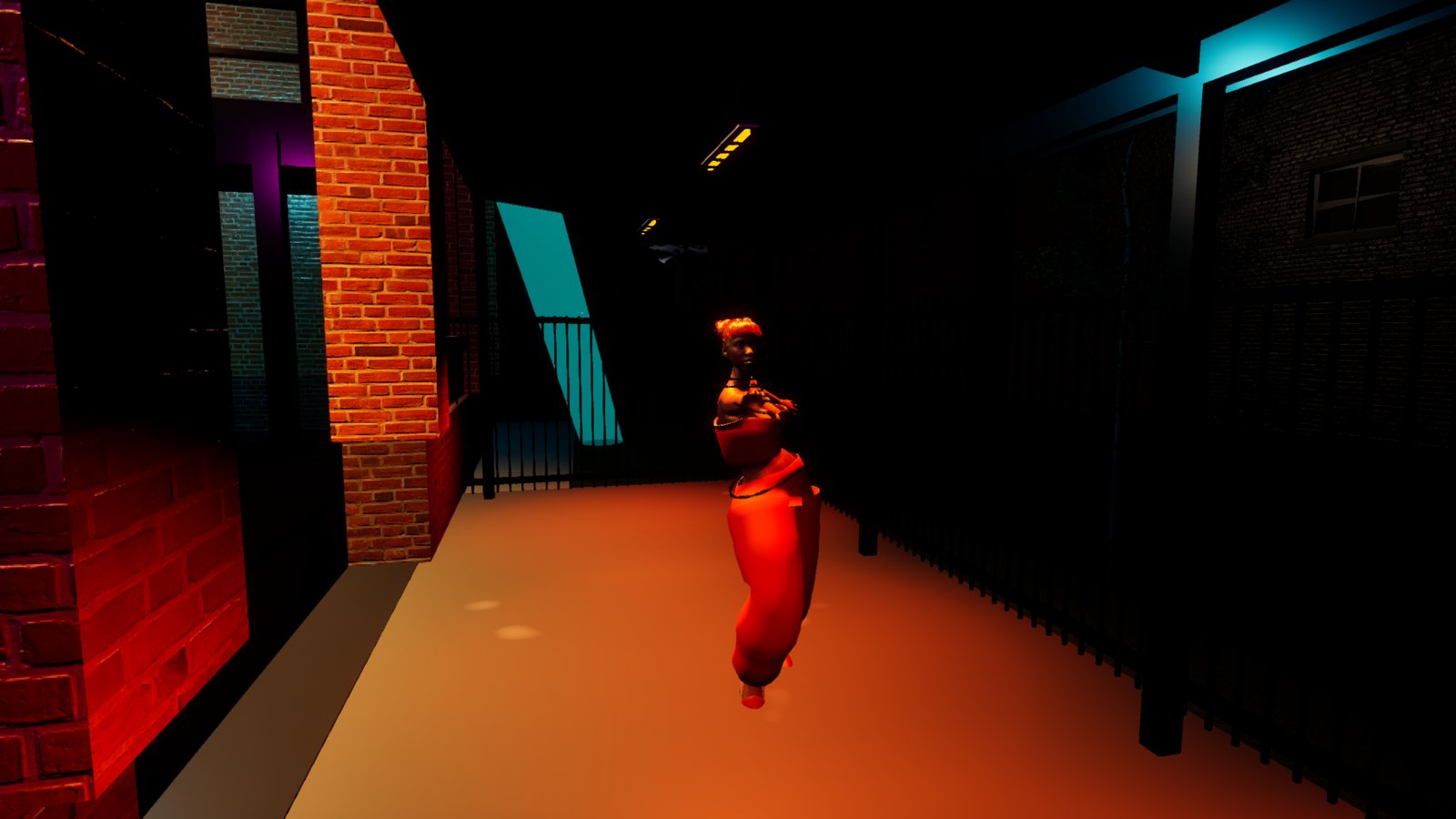 The same smoking terrace much darker, lit deep red. A woman stands on the paving in a red pool of light from the heater above her; the railing reads black on the right, a cyan panel of light shows through the doorway behind her, and the brick wall on the left glows red.