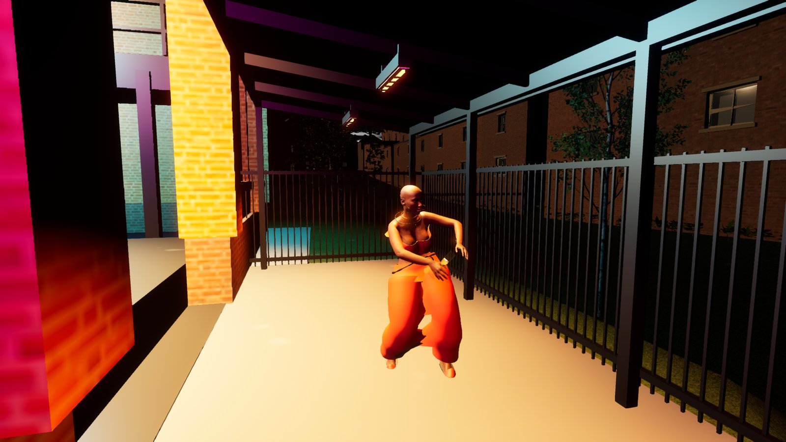 A night-time smoking terrace behind a brick nightclub, seen from one end. A woman in loose orange trousers dances on pale cream paving under a black steel canopy. Three heater bars glow orange on the canopy beams, and a black bar railing runs down the right-hand side with brick terraced houses behind it. A pink-lit brick wall fills the left edge.