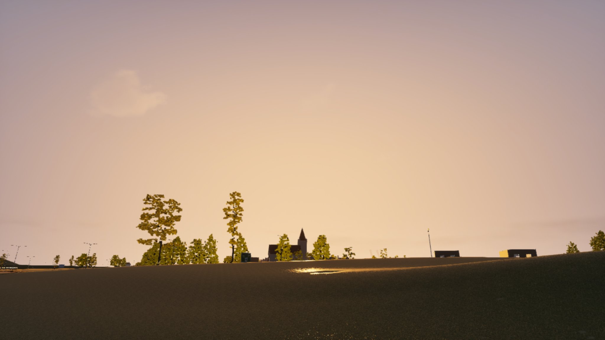 A sunset seen across a dark field towards a line of trees and a church spire. The whole sky is one flat peach-pink wash from the horizon to the top of the frame, with no sun disc and one faint cloud.