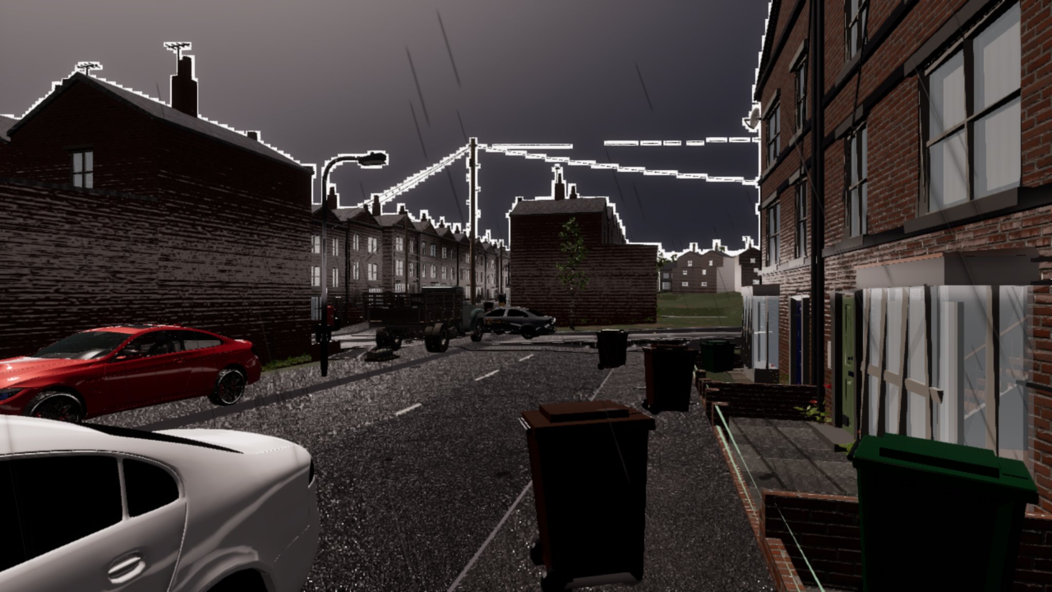 A wet terraced street in a storm under a dark sky. Every roofline, chimney, street lamp and overhead cable is traced with a thin, bright white outline, as if drawn on with chalk. Wheelie bins and parked cars stand on the road in the foreground.