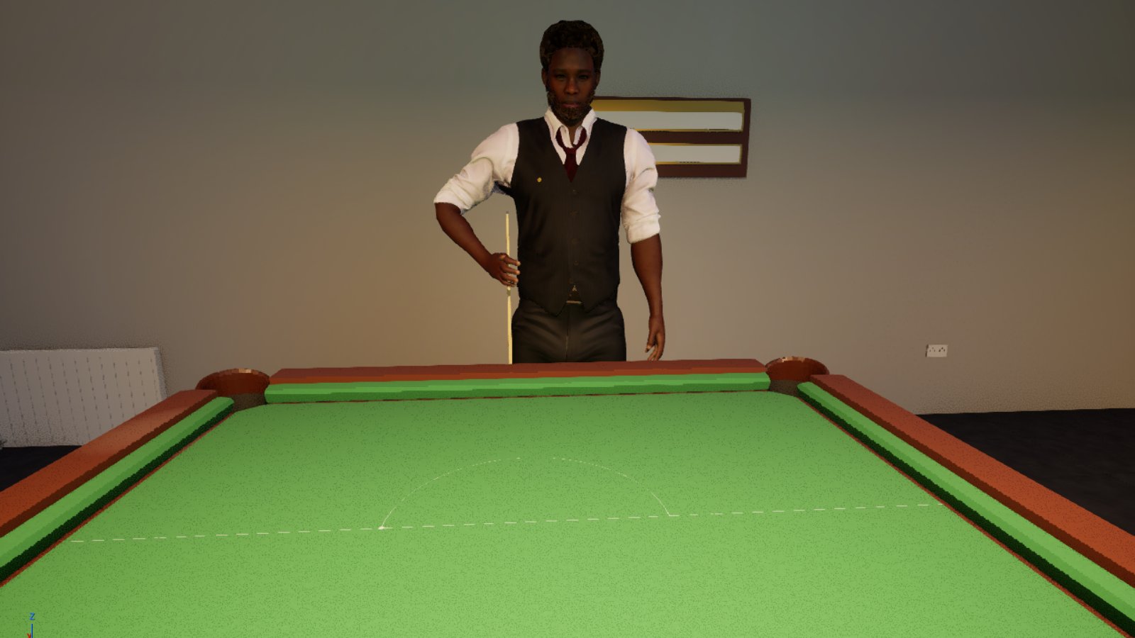 A bearded man in a dark waistcoat, white shirt and maroon tie stands behind the baulk end of a snooker table in a dim room, holding a cue upright against his side with his right hand at hip height. The baulk line and the D are marked on the green baize in the foreground, with a radiator and a plug socket on the wall behind him.