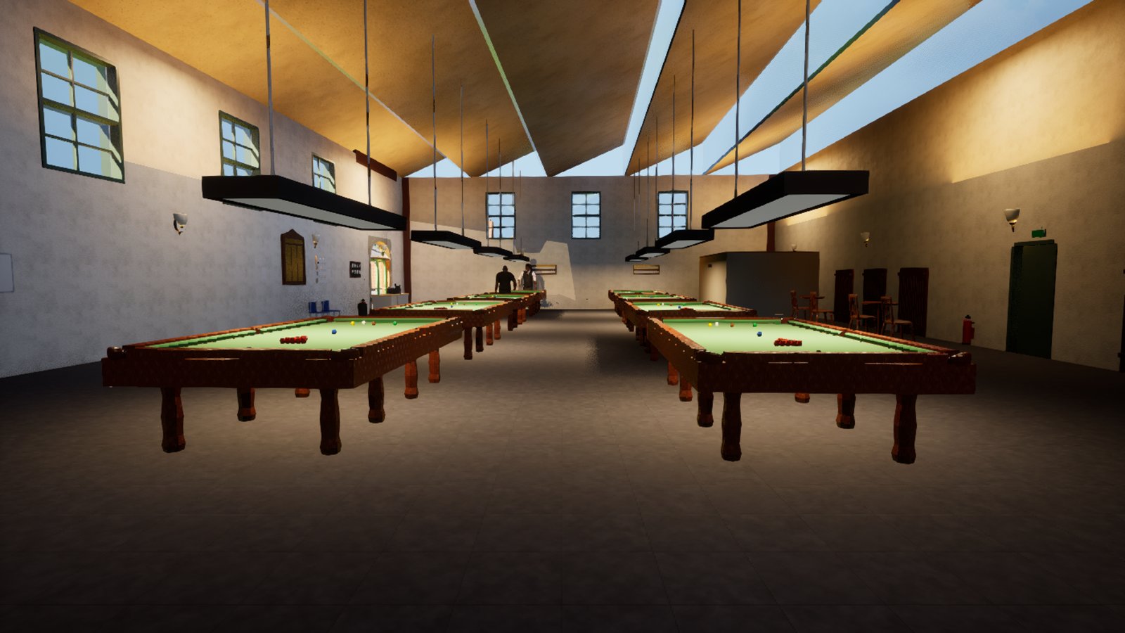 The same snooker hall from the same viewpoint after the material and lighting pass. The walls now carry a pale patterned wallpaper, the ceiling is warm timber catching light from the roof lights, brass wall sconces glow along both sides, and the table frames show a figured wood grain. The tiled floor is lighter and the far end of the room is legible rather than lost in shadow.