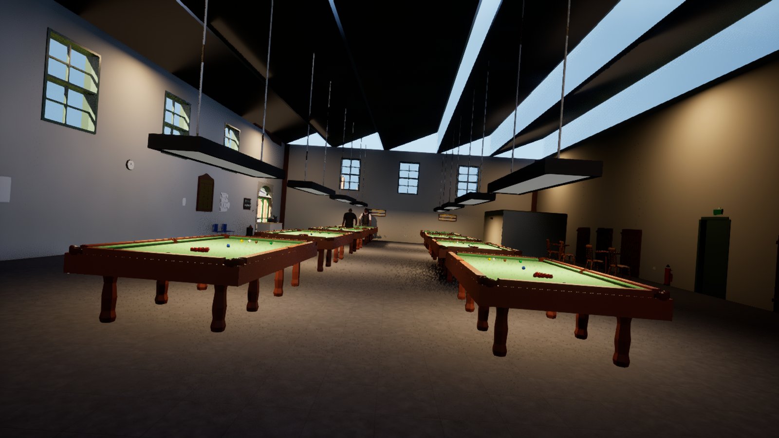 A long snooker hall seen down its length, with four full-size tables under shaded strip lights hung on cables. The walls are flat untextured grey and the ceiling above the roof lights is solid black, so the upper half of the room reads as an empty void. Small square windows sit high on both side walls and two figures stand at a table in the far distance.