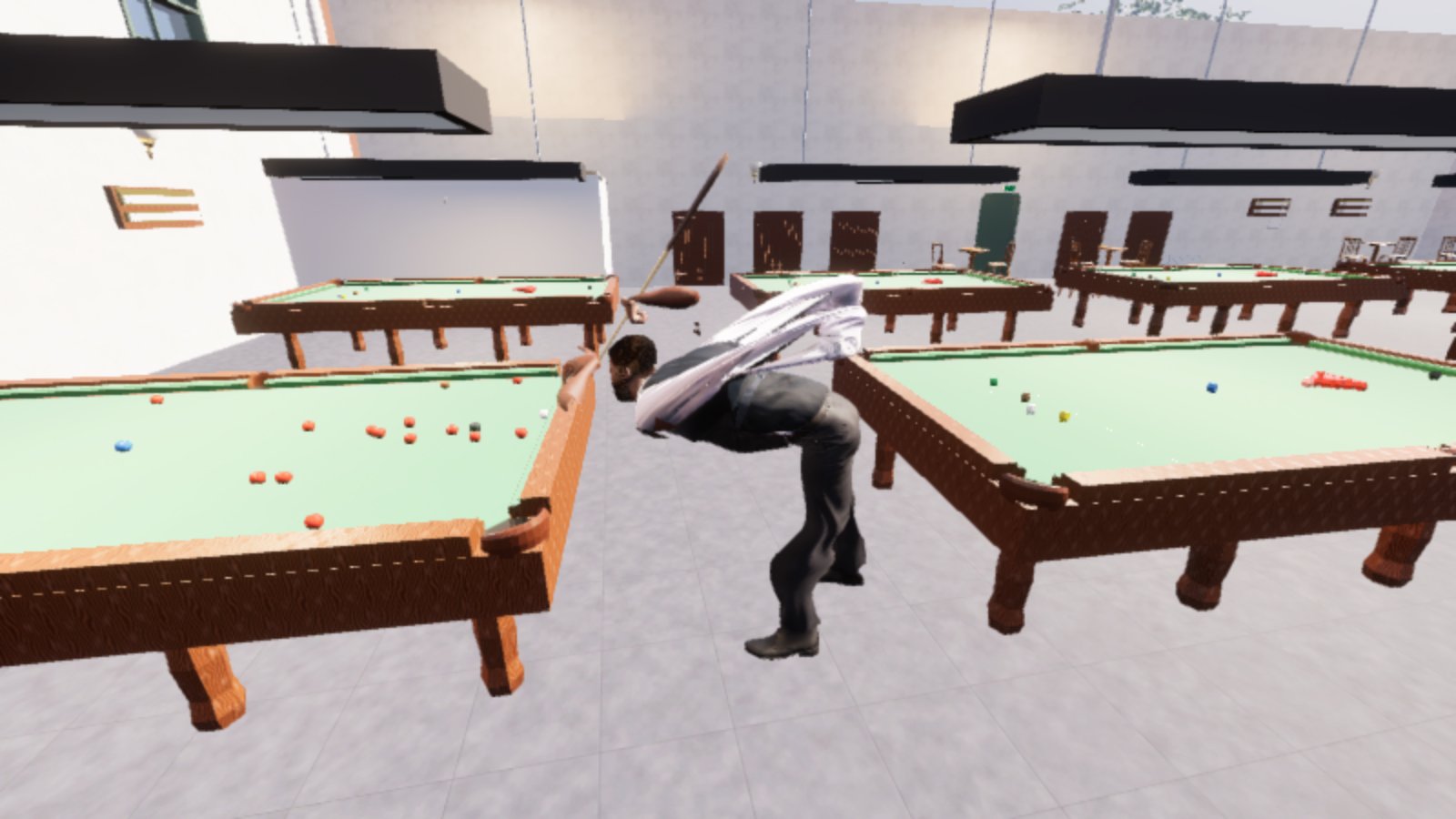 A bearded man in a waistcoat leans over a snooker table mid-stroke, and his white shirt has pulled away from his body into a large smooth sail-like shape floating off his back and shoulder. His arm and the cue read correctly beneath it. Several snooker tables and a pale panelled wall fill the rest of the frame.