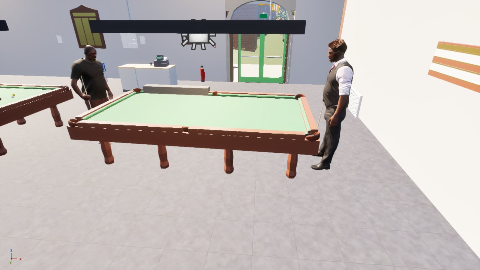 Two men stand at opposite ends of a full-size snooker table in a flatly lit interior, each holding a cue upright at his side. The nearer one wears a dark waistcoat and white shirt, the further one a plain dark t-shirt. Behind them are a counter with a till, a fire extinguisher and a glazed double door onto a sunlit street, with a second table at the left edge of the frame.
