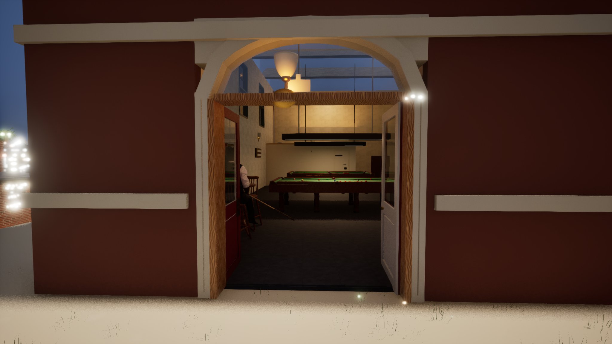 A snooker hall seen from the street at dusk through a pair of open double doors set in a white-painted arch in a maroon wall. Inside, warm pendant lamps hang over two green-baize tables, and a man sits on a stool by the left-hand door holding a cue.