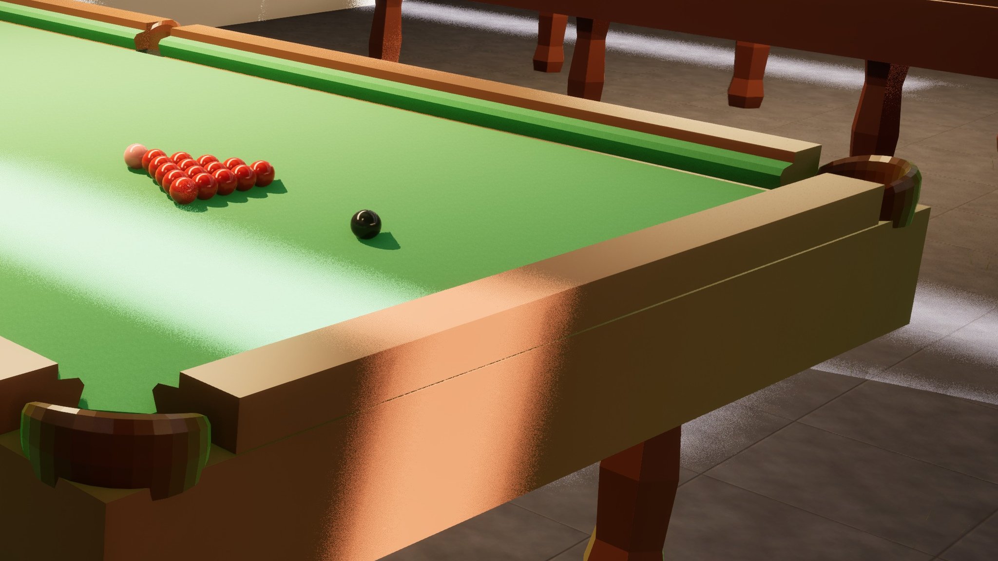A corner of a snooker table seen at high magnification. The cushion ends step away from the pocket mouth in a hard staircase of blocks rather than a clean taper, the wooden rail and the table legs behind it are tinted faintly green, and a scatter of fine white specks runs along every edge where a bright surface meets a dark one.