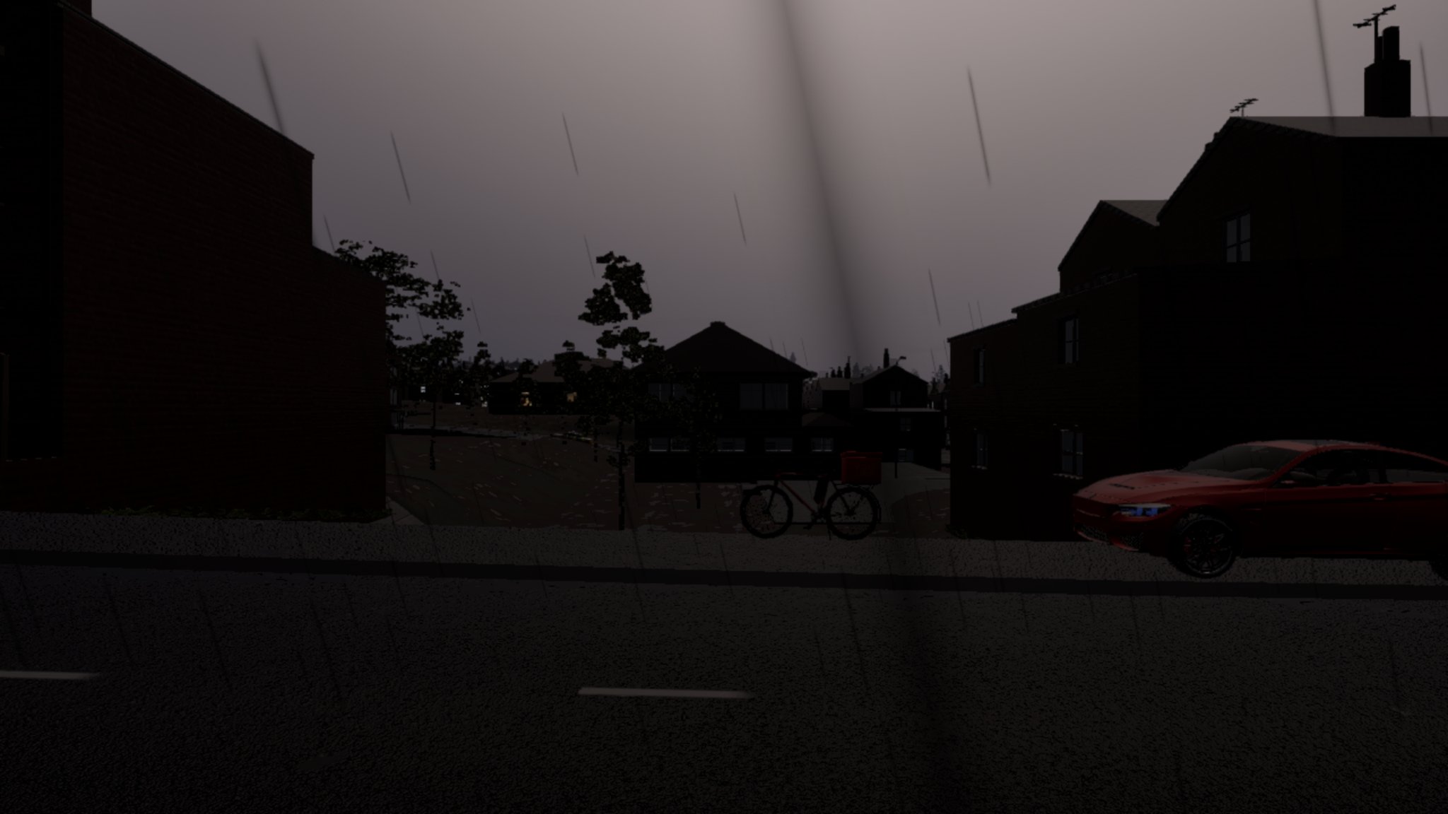 A terraced street in heavy rain at one in the afternoon, almost as dark as night. The houses are black silhouettes against a grey-mauve sky, a bicycle and a red car are barely picked out, and rain streaks cross the frame.