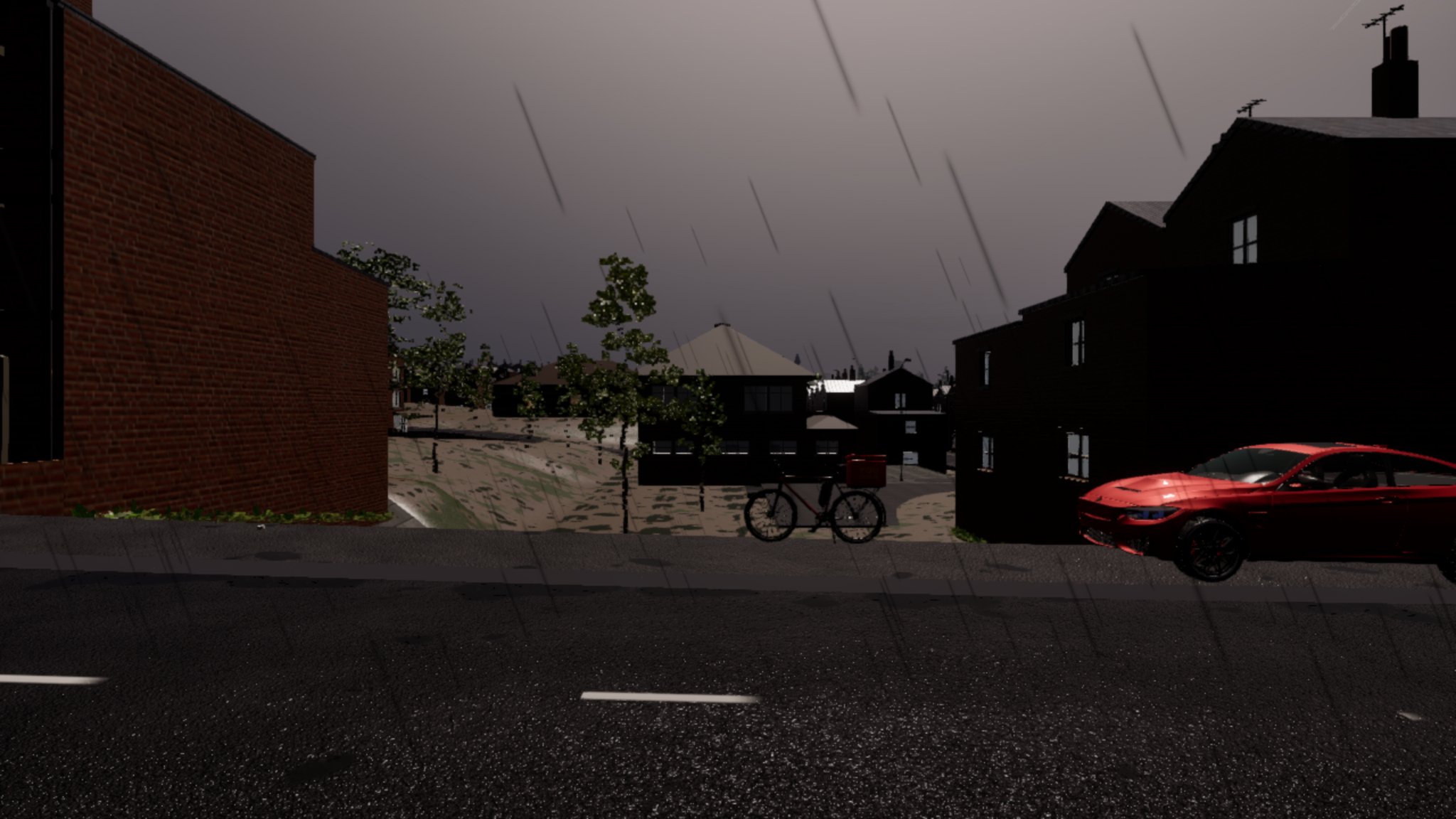 The same street, same rain, same time of day, now dimly lit: the red brick of the house on the left is readable, the ground beyond the road shows pale, and the red car and the bicycle have colour. The sky is still a heavy storm grey.