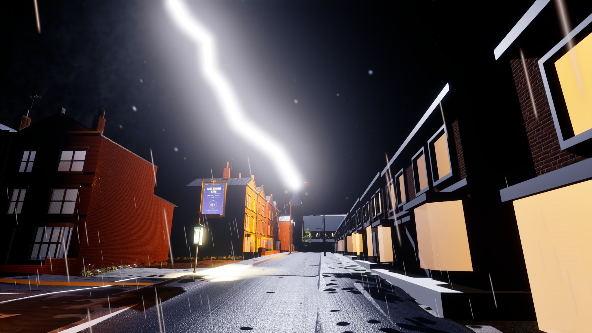 The same terraced street at night in rain, the same lightning bolt coming down towards the church spire, but now the light falls on the house fronts facing the strike. The road is dark and wet with puddles, windows glow warm yellow and a bookmaker's sign stands on the left pavement.
