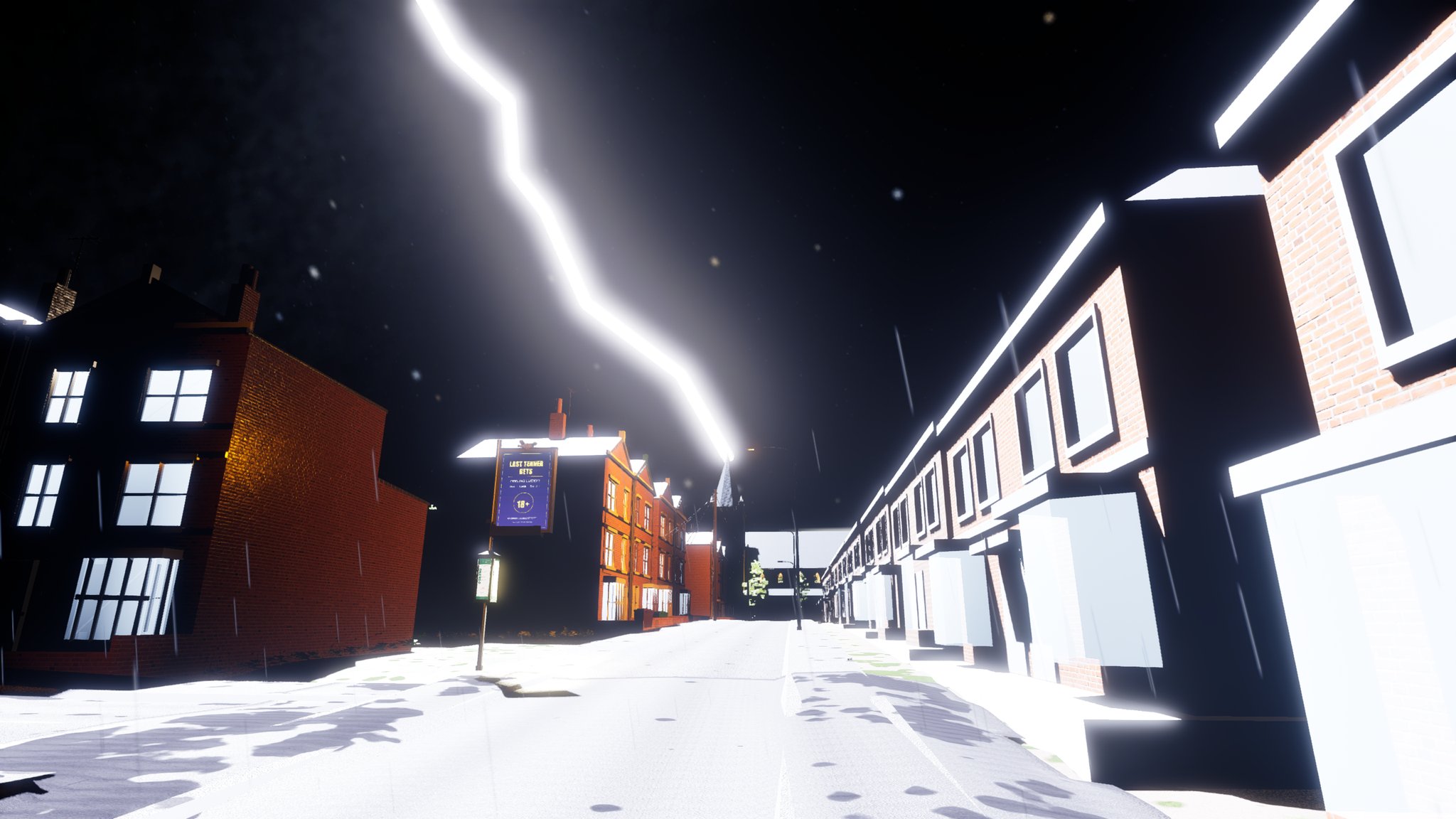 A terraced street at night in rain with a jagged white lightning bolt coming down towards a church spire at the far end. The road, pavements, window sills and every upward-facing ledge are lit flat white, so the street looks covered in snow.