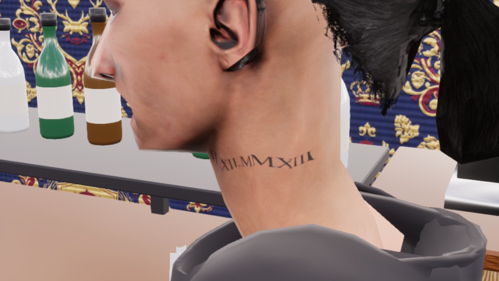A side view of a woman's neck with a line of Roman numerals tattooed along it below the jaw, in front of a bar shelf of bottles and gold-patterned blue wallpaper.