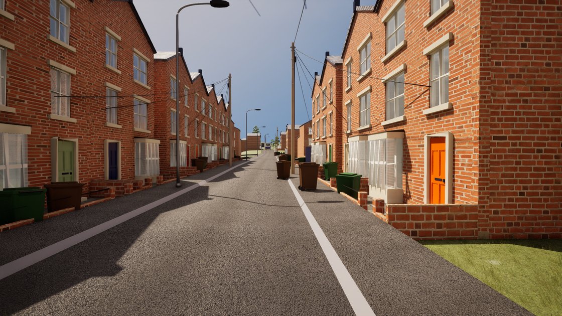 A red-brick terraced street in daylight, coloured front doors, telegraph wires overhead and wheelie bins out along the kerb.