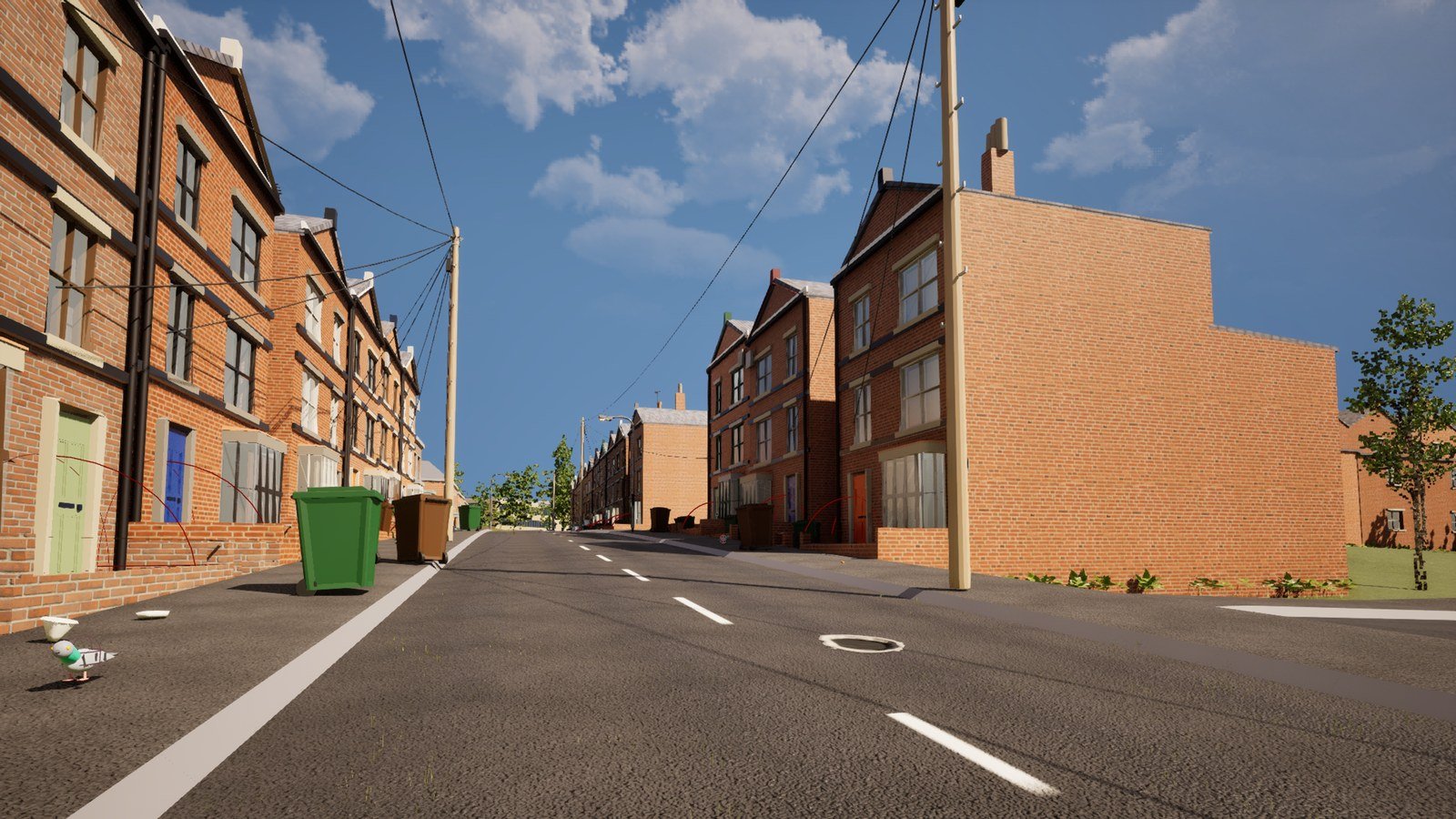 A red-brick terraced street in bright sun, seen from the middle of the road. Three-storey houses with bay windows run away on the left behind a low brick garden wall; downpipes, gutters and pale stone string courses cross the brickwork, and green and brown wheelie bins stand out on the pavement at uneven spacings. A telegraph pole on the right carries overhead cables across the street. A blank gable end wall fills the right of the frame, with chimney stacks and pots above it.