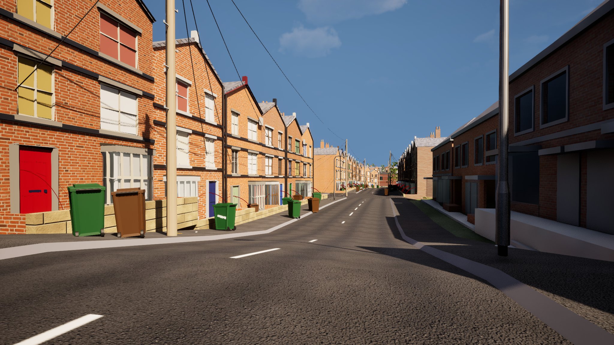 A terraced street in late afternoon sun. The window openings on the nearest houses are filled edge to edge with flat coloured rectangles - bright yellow, salmon red and white - so the panes read as painted boards rather than glass. A red front door, a blue one and green and brown wheelie bins along the kerb.