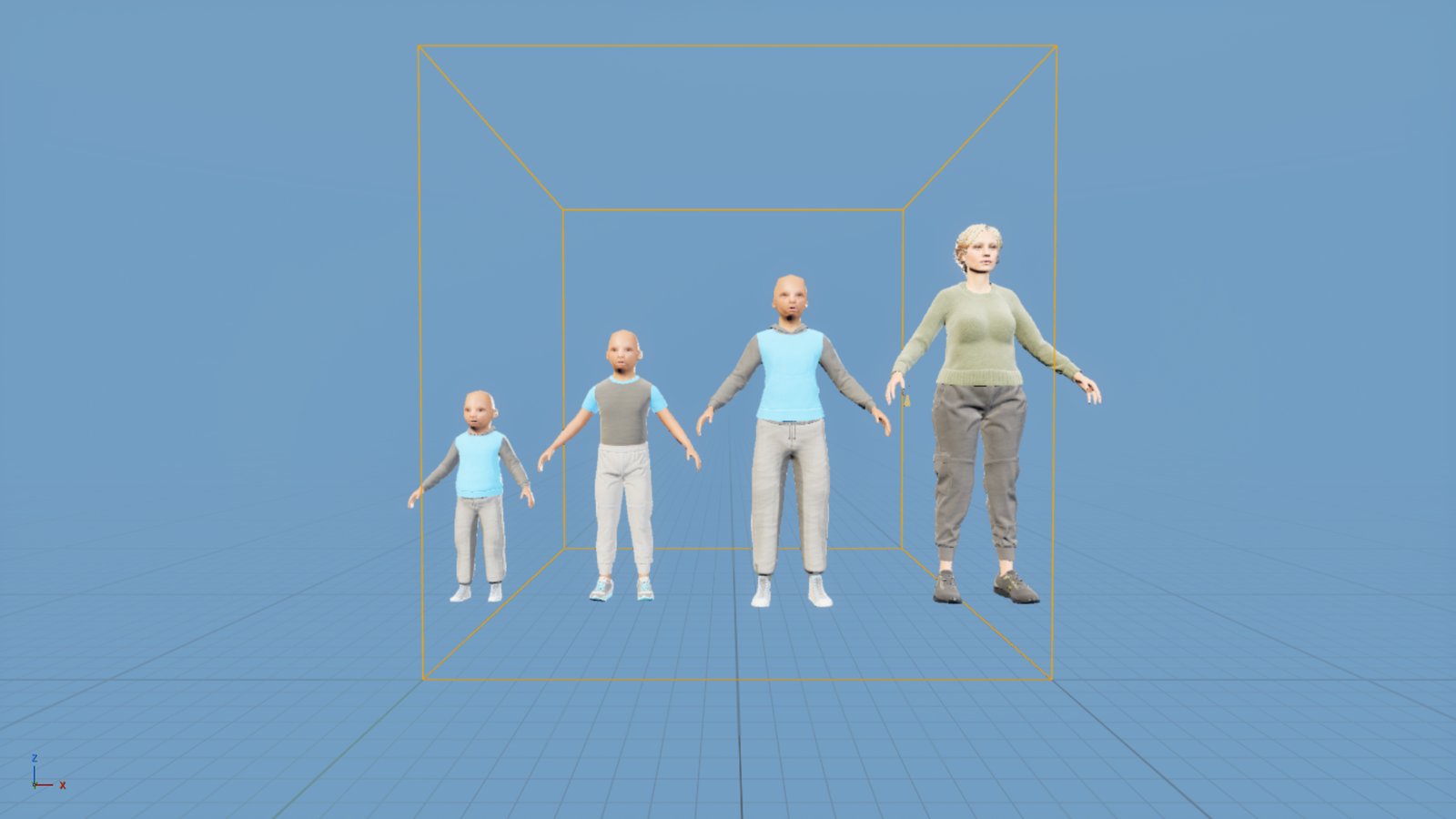 Three child characters of increasing height and an adult woman stand side by side in a plain blue editor space inside a yellow wireframe box. The children wear light blue and grey tops with grey joggers or cargo trousers and have no hair yet.