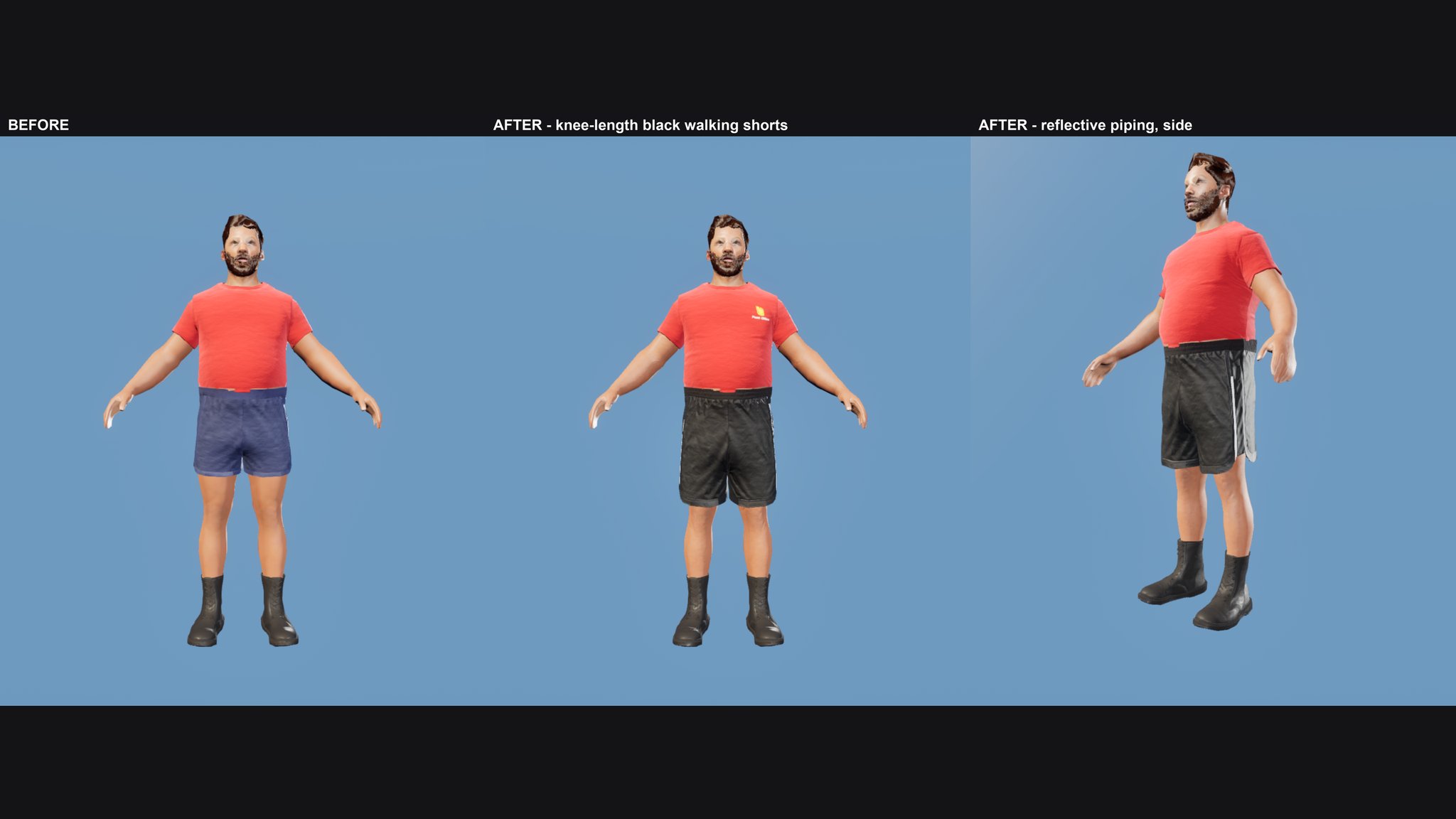 Three views of a bearded postman in a red tee and boots. Before, he wears short blue shorts; after, knee-length black shorts with a small yellow chest mark, and from the side a pale stripe of piping down the leg.