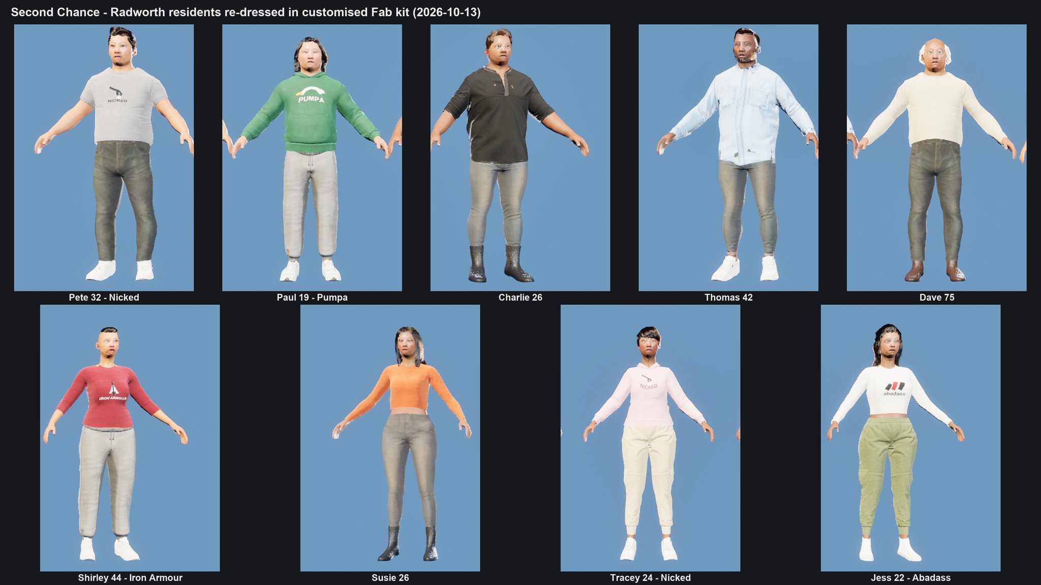 A contact sheet of nine characters standing in an A-pose on blue, each labelled with a name and age. Several wear tees, hoodies and long-sleeve tops printed with invented sportswear logos; the rest wear plain shirts, jumpers and jeans.