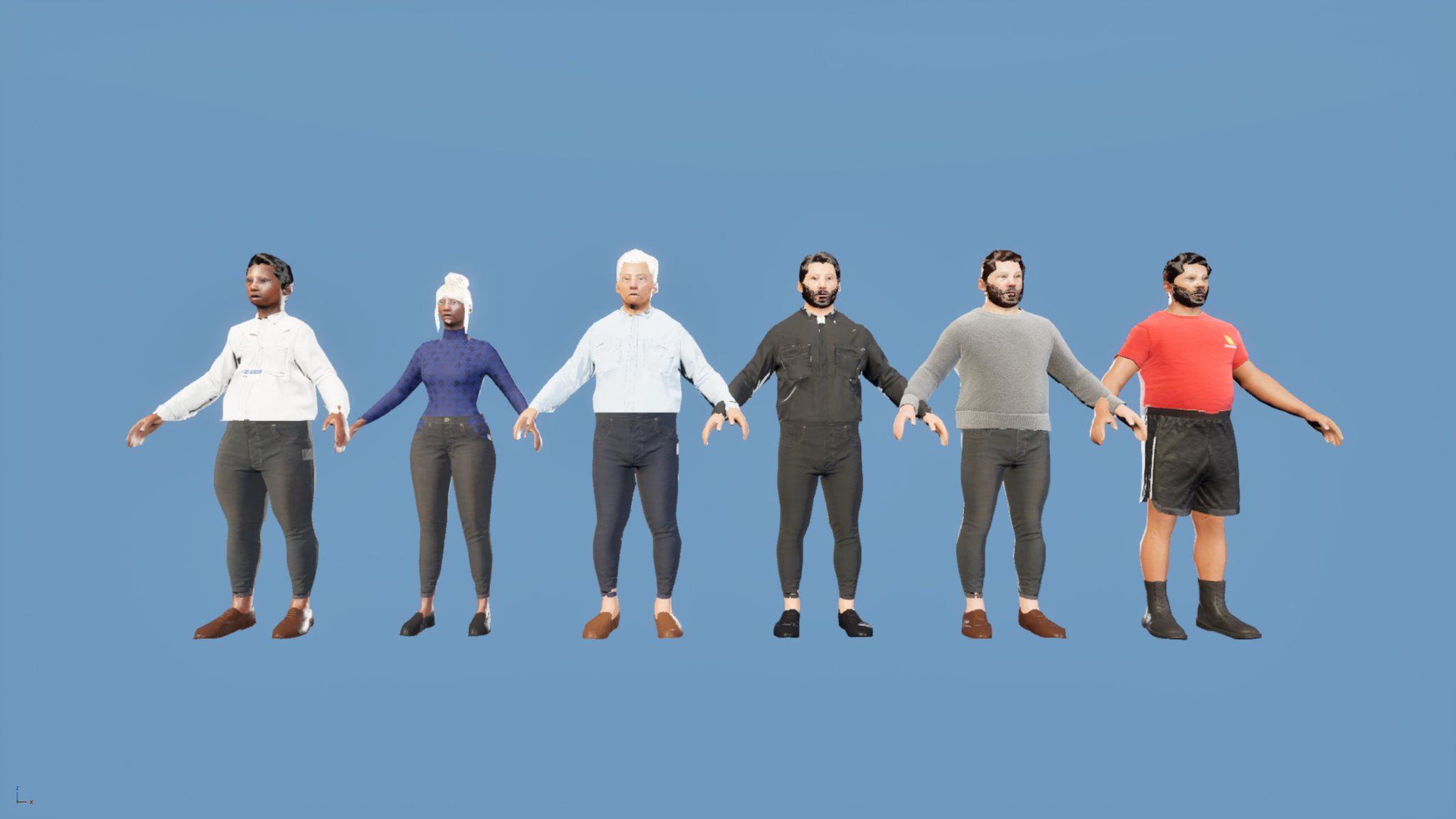 Six workers in an A-pose on blue: a white shirt and dark trousers, a navy patterned blouse, a pale blue shirt, a black shirt with a white clerical collar tab, a grey knit jumper, and a red tee with black shorts and boots.