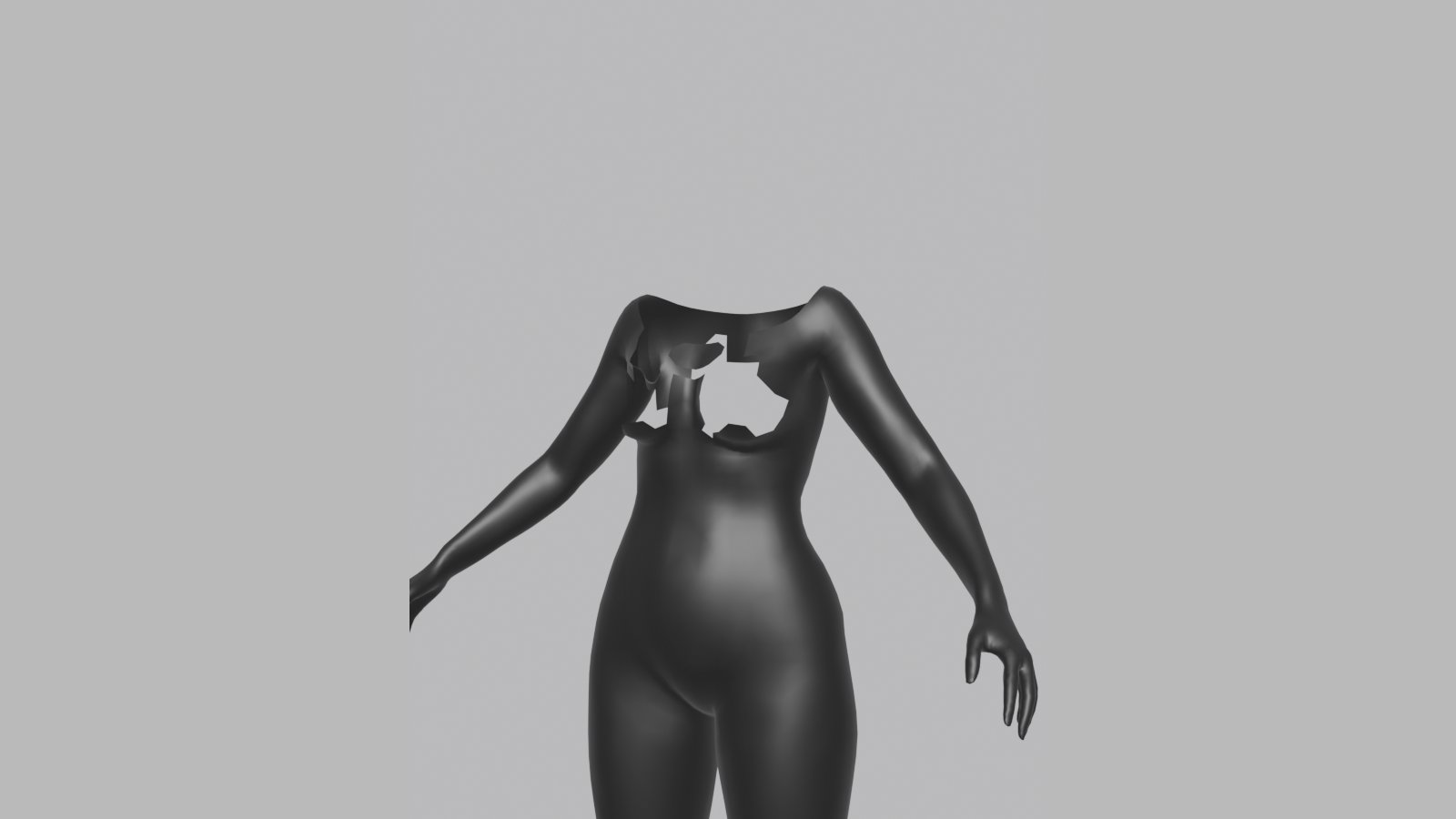 A plain grey test render of a character body from the neck to the thighs, arms held out, with an irregular hole cut through the upper chest where the skin has been removed, on a flat grey background.