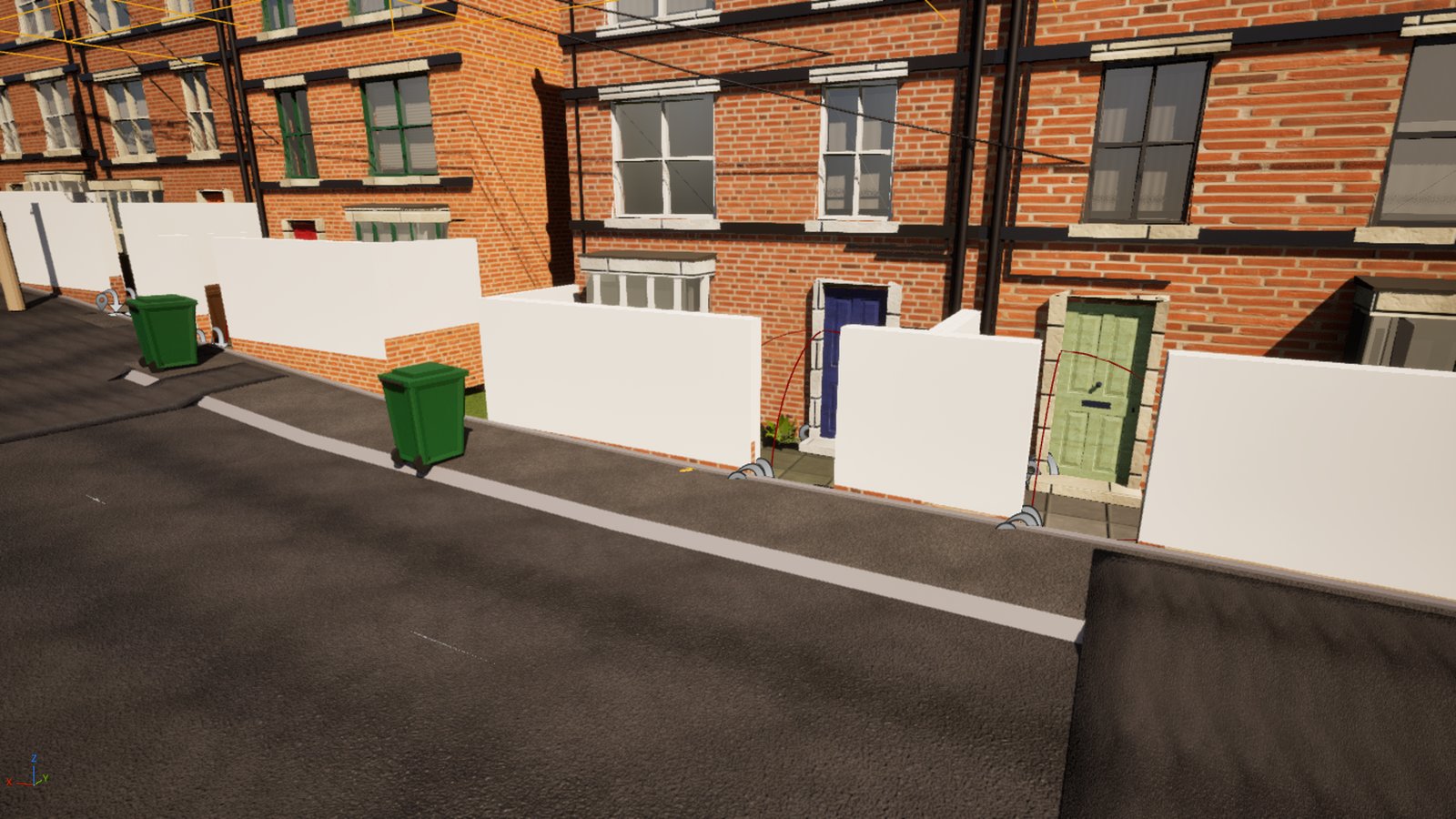 A terraced street in the editor with flat white boxes sitting on top of every front garden wall and gate pier, chest high, leaving the gateways to the front doors open, and green wheelie bins on the pavement.