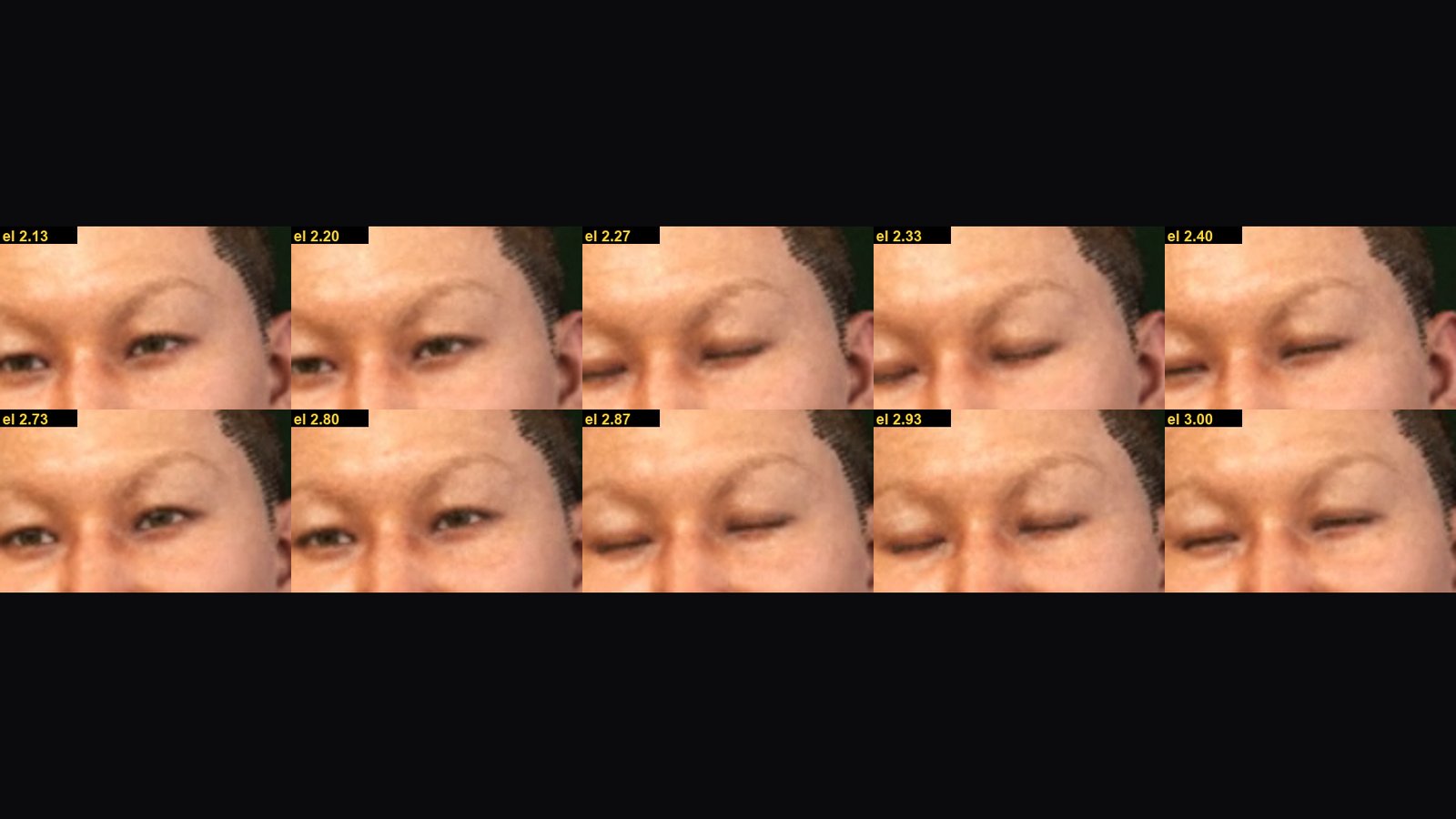 Ten close crops of the same pair of eyes in two rows of five, each labelled with a time from el 2.13 to el 3.00. In the first two of each row the eyes are open; in the last three they are closed, the lashes drawn down over the lower lid.