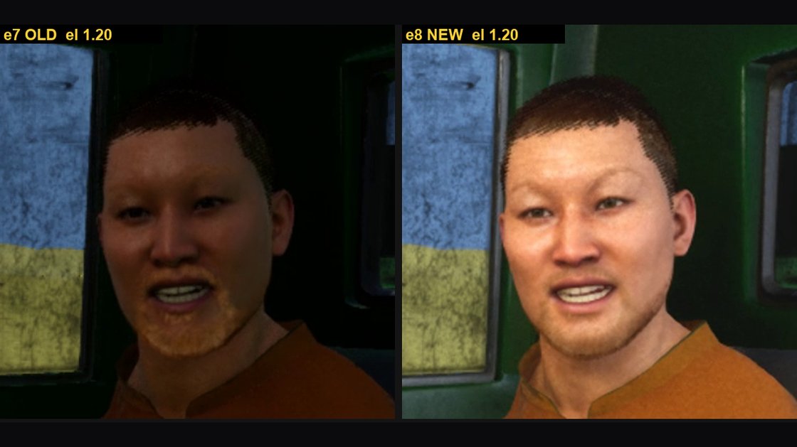 The same head-and-shoulders frame of a man in a lorry cab, twice, side by side and labelled e7 OLD and e8 NEW. On the left he is dark, muddy and speckled, the cab behind him almost black. On the right the same frame is evenly lit, the skin clean, the green cab panels and the window frame readable behind him.