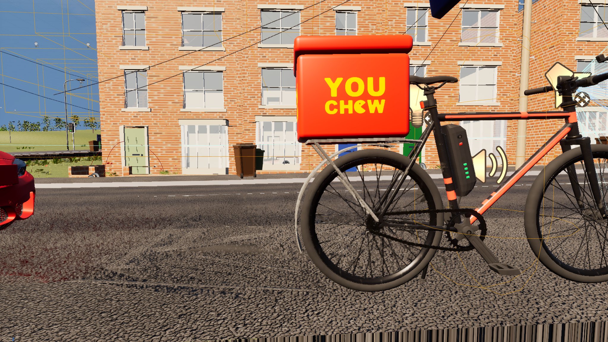 Close side view of an eBike parked at a kerb with a red YouChew top box on a rear rack over the back wheel, battery on the down tube, red-brick terraces behind.
