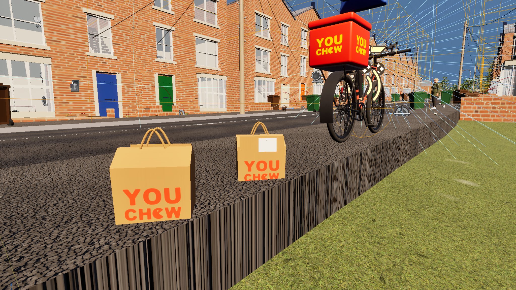 Two kraft paper takeaway carrier bags with rope handles and an orange YouChew wordmark, standing on a kerb beside a terraced street, the eBike behind them.