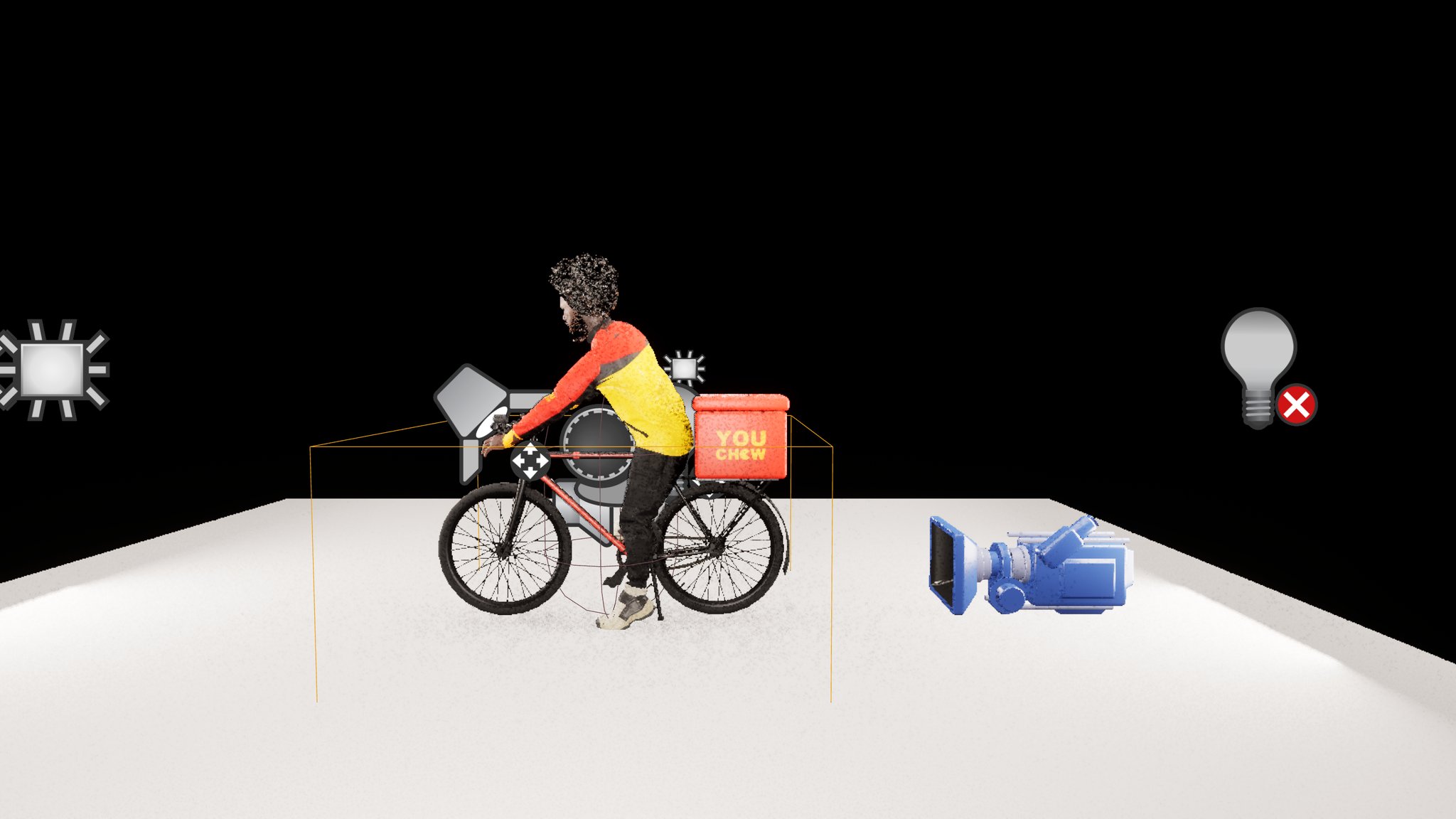 A courier astride an eBike in a red and yellow branded jacket and black trousers, red delivery box on the rear rack, lit on a plain studio floor.