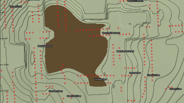 A contour map of the Radworth estate with street names, small red squares for houses, and a brown shape in the middle showing where floodwater settles.