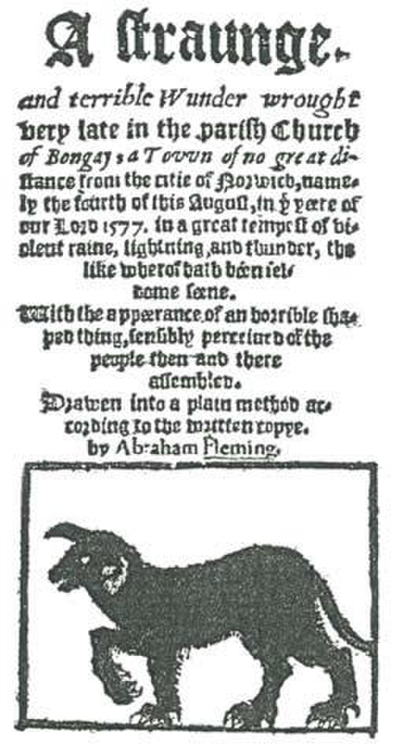 A sixteenth-century woodcut title page with black-letter text and a picture of a black dog running through a church.