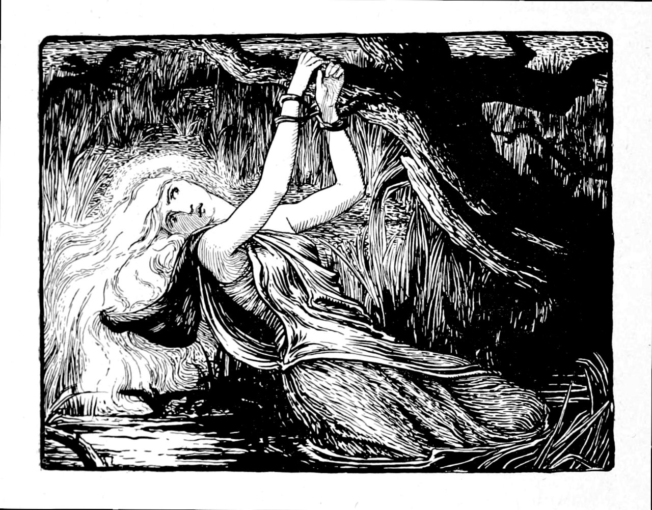 A black and white engraving of a pale woman with long hair lying in a bog, her wrists caught above her head by twisted roots.